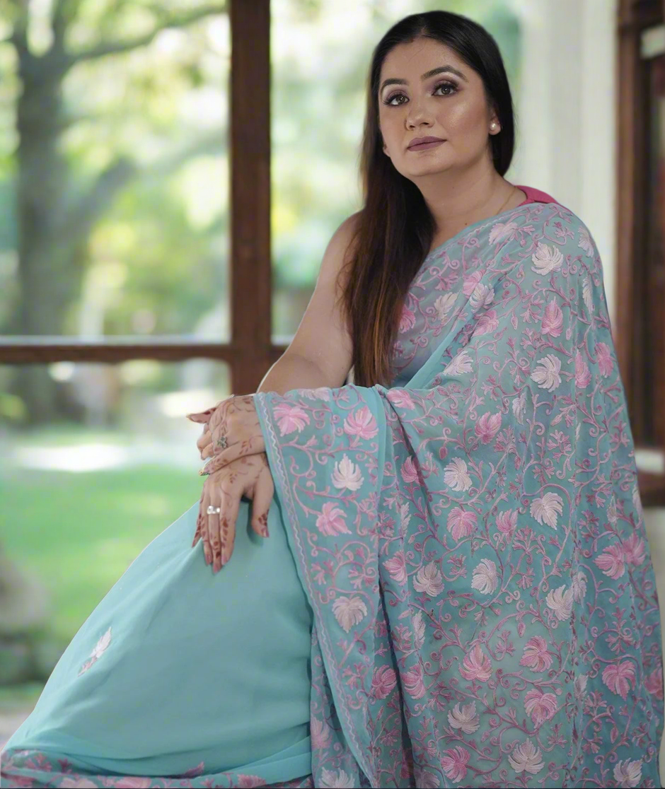 Aari Embroidered | Light Baby Blue | Georgette Saree