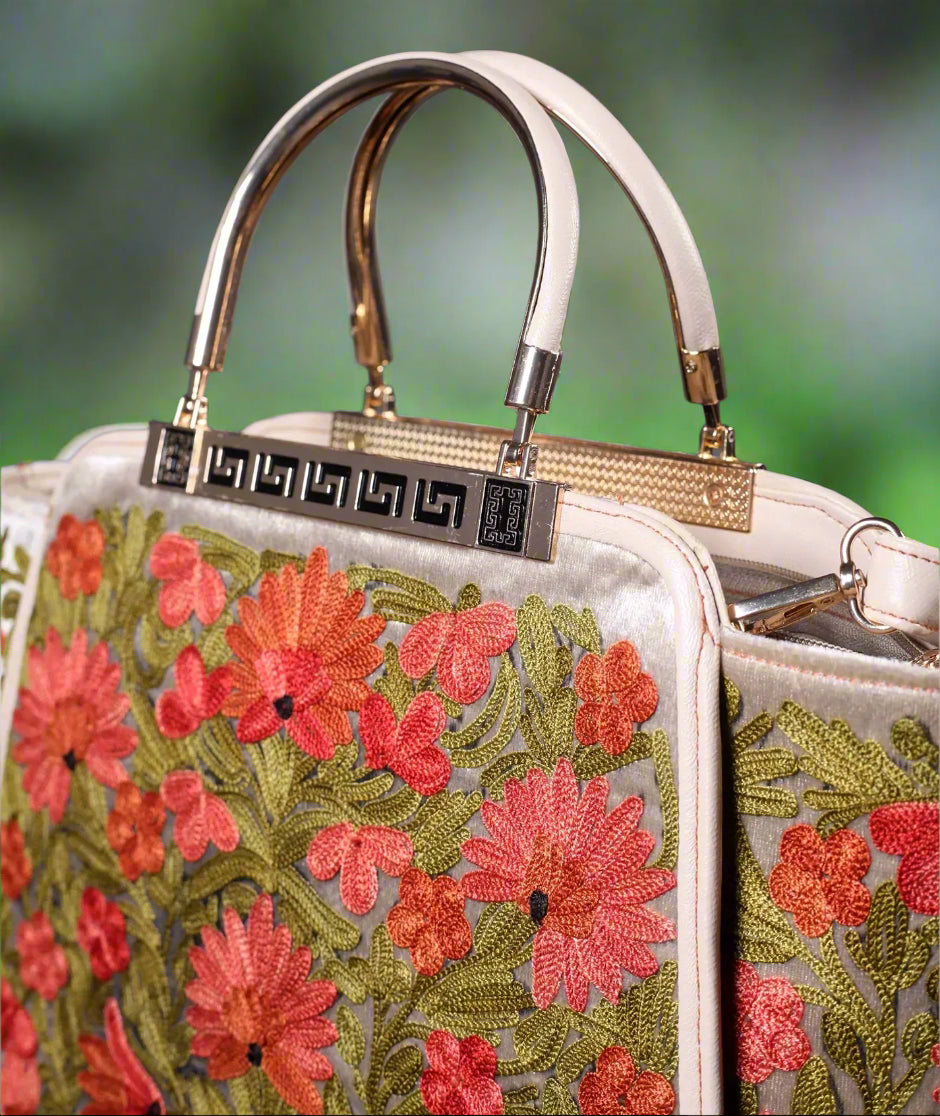 Ladies Hand Embroidered Bag | Posh Bahaar | Floral | Grey Colored