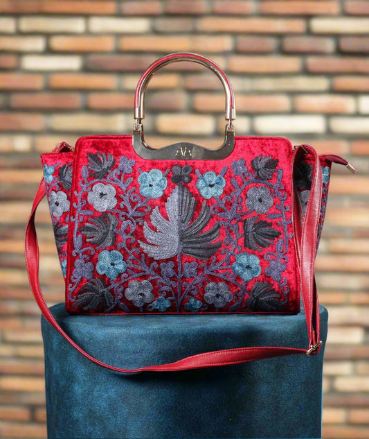 Ladies Hand Bag | Red | Chinar Motif | Hand Embroidered