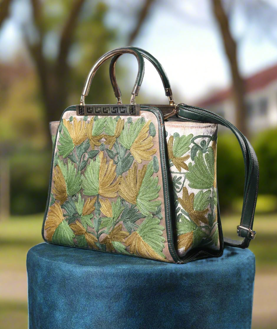 Chinar Aari Embroidered | Olive Green | Ladies Hand Bag