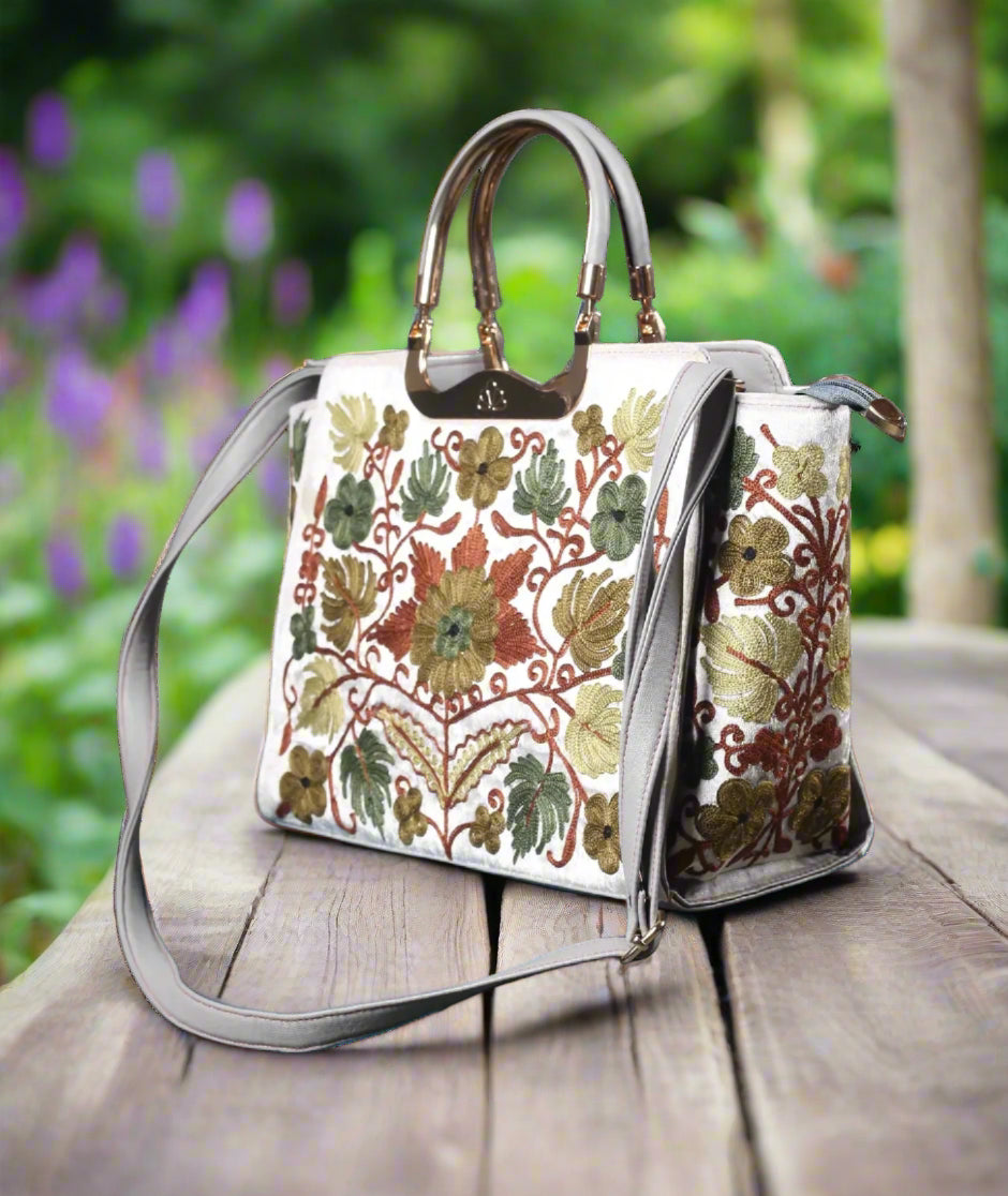 Kashmiri Aari Embroidered | White & Floral | Ladies Designer Bag