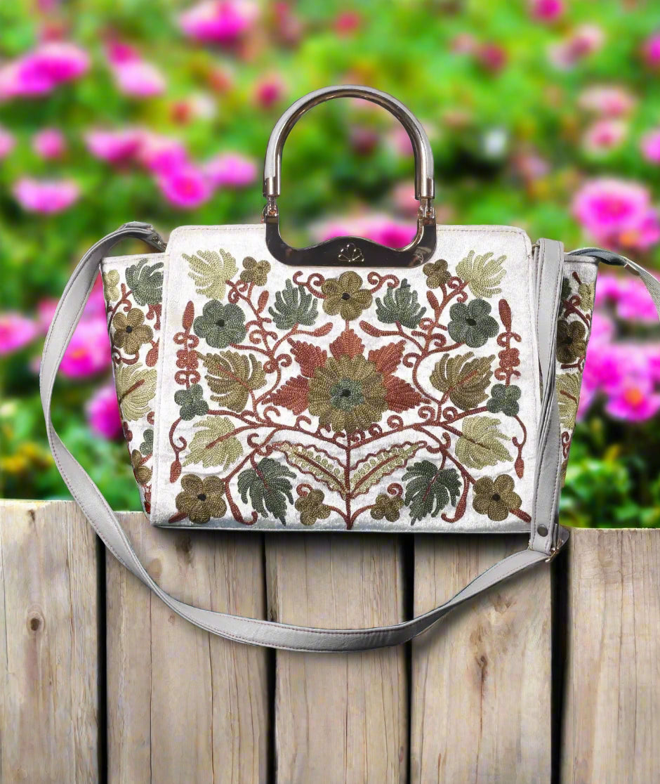 Kashmiri Aari Embroidered | White & Floral | Ladies Designer Bag