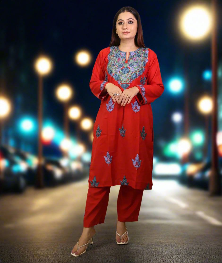 Co-Ord Set | Red | Aari Embroidered | Ruby Cotton