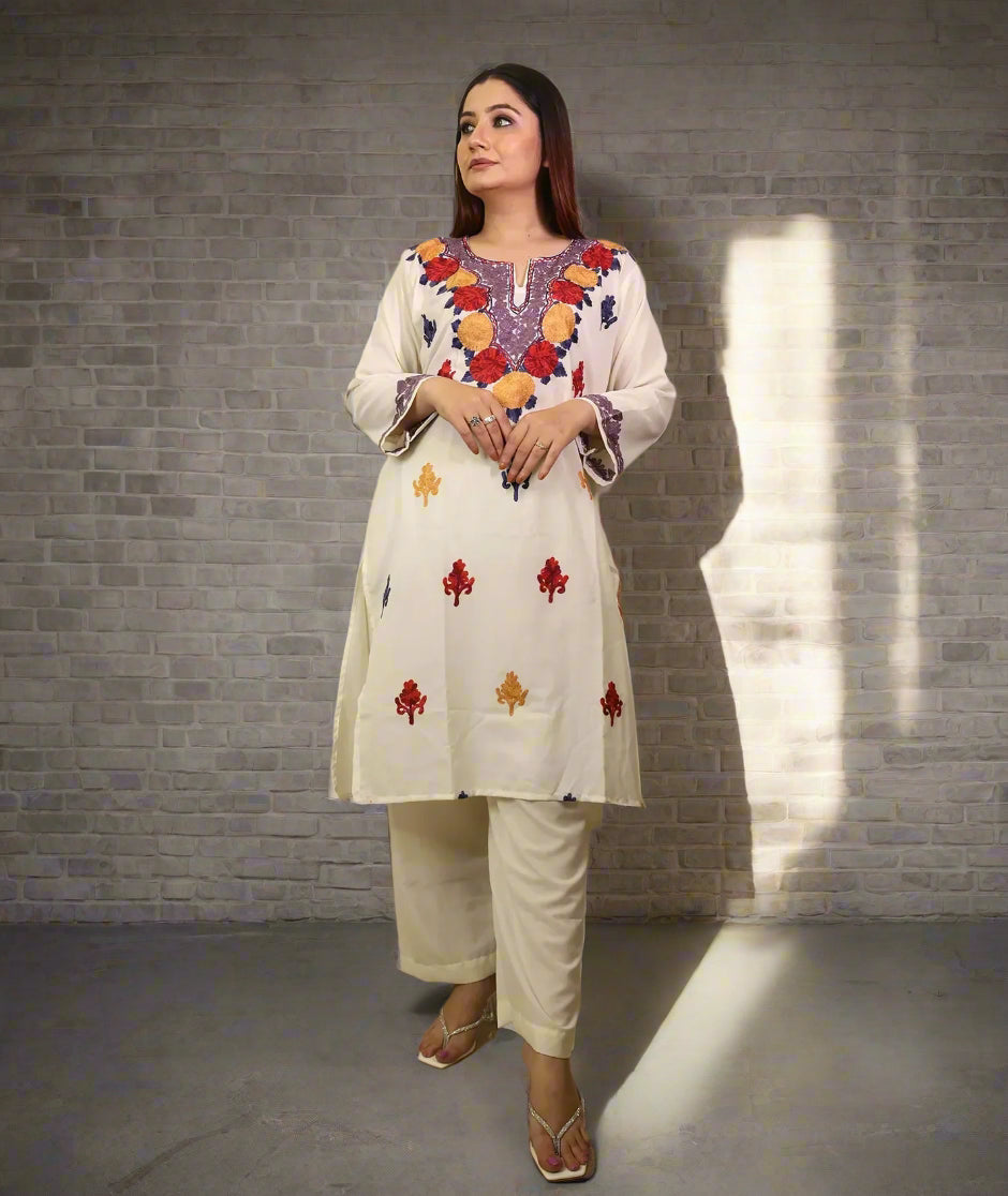 Creme Based  | Floral | Aari Embroidered | Co-Ord Set | Ruby Cotton