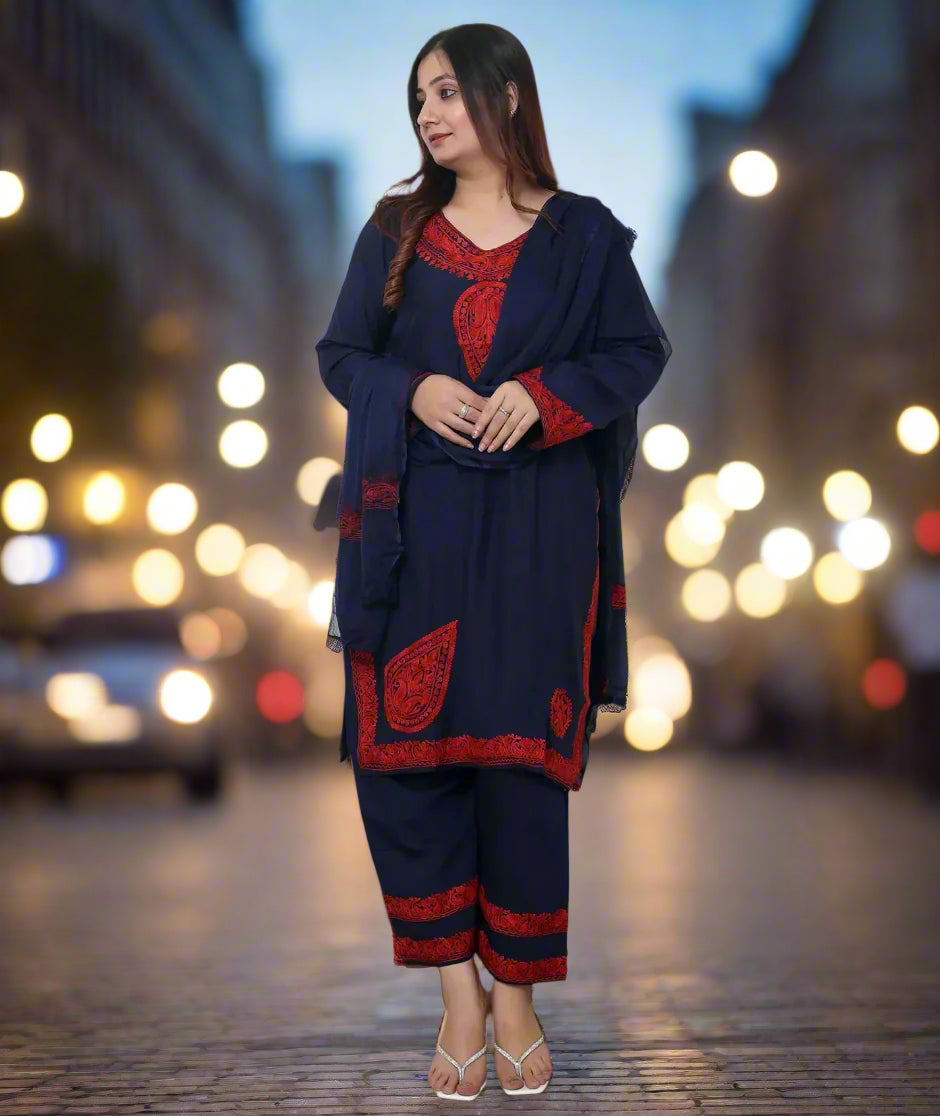 Kashmiri Emroidered | Ladies Co-Ord Set | Blue and Red