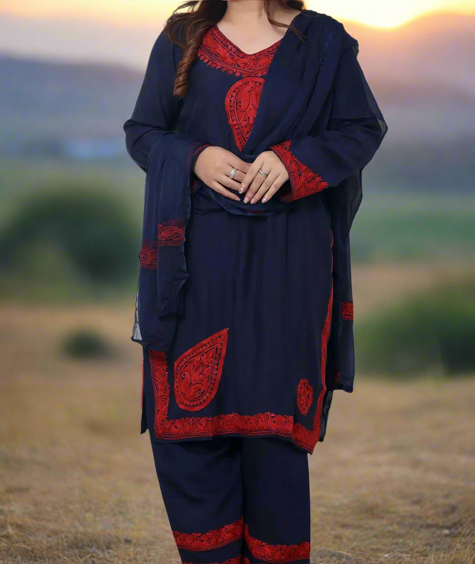 Kashmiri Emroidered | Ladies Co-Ord Set | Blue and Red