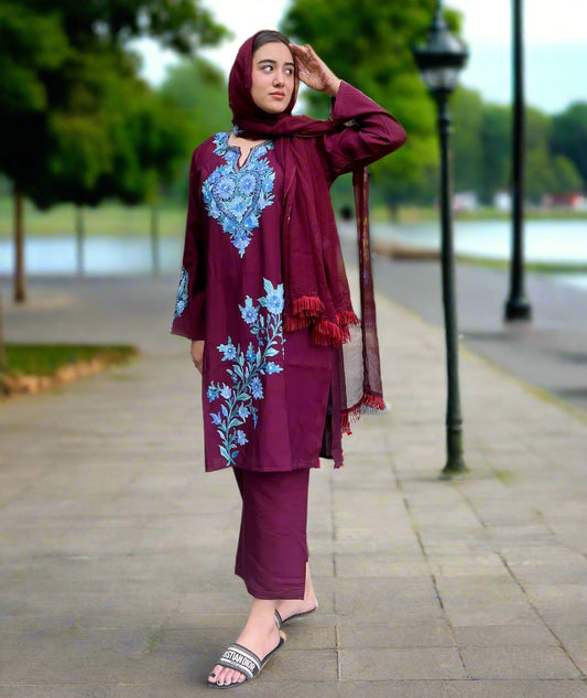 Ladies Co-Ord Set | Silk Crepe | Deep Maroon | Kashmiri Embroidered