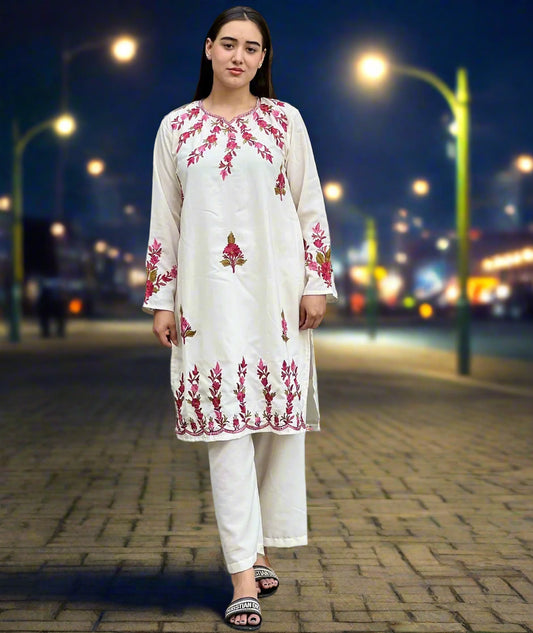 White and Red | Floral | Ladies Co-Ord Set | Full Suit | Ruby Cotton