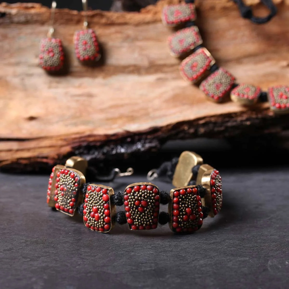 Handmade | Turquoise | Necklace, Bracelet and Earring Set | Red Colored Stones