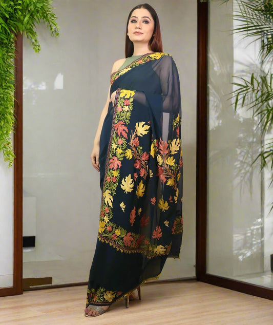 Chinar Aari Embroidered | Georgette Saree | Black Forest Multicolor