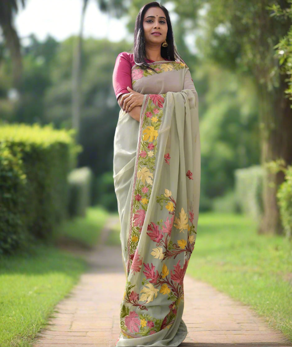 Chinar Aari Embroidered | Georgette Saree | Grey Colored