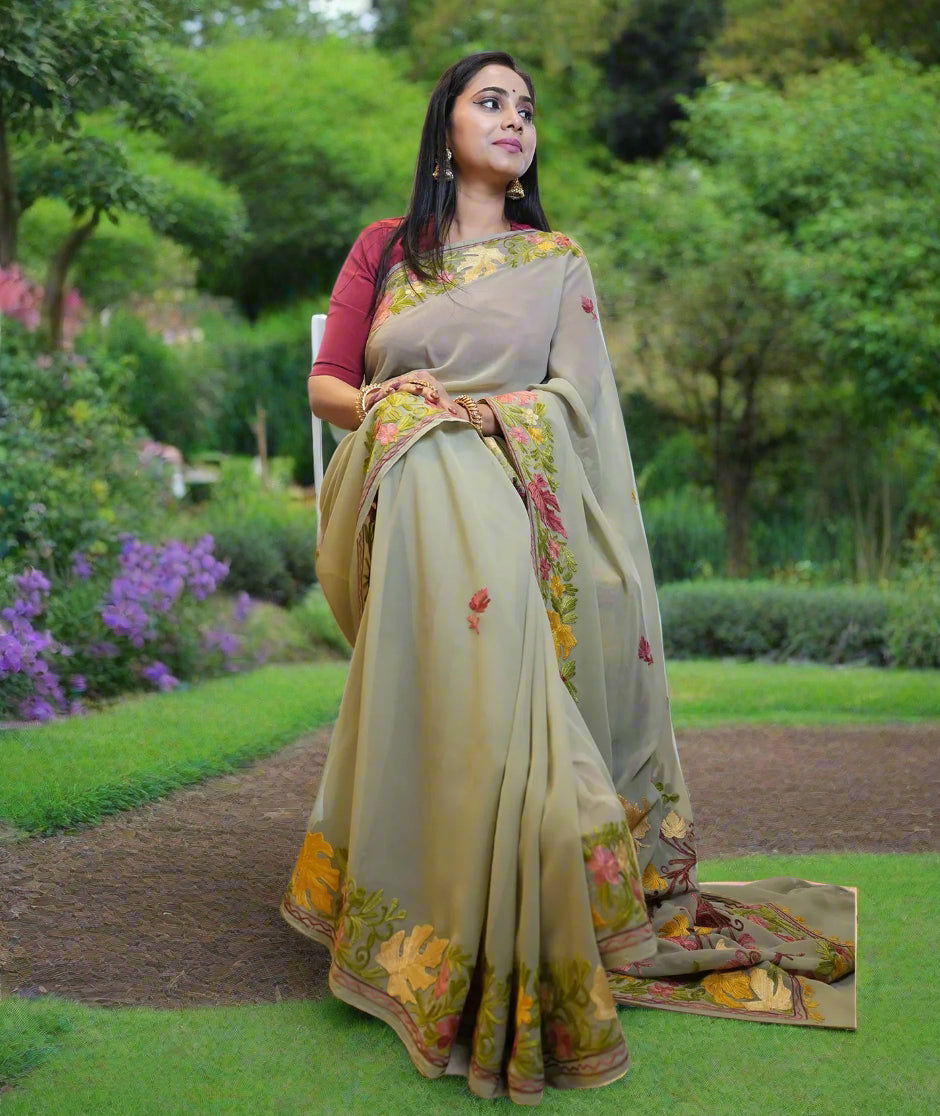 Chinar Aari Embroidered | Georgette Saree | Grey Colored