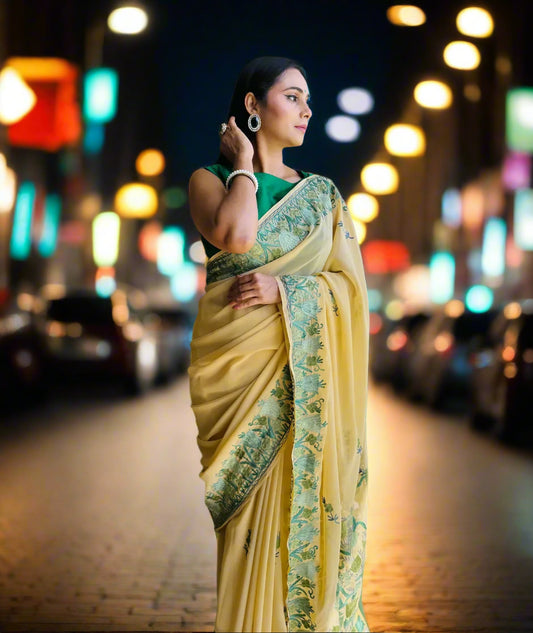 Embroidered Saree | Green Tulips | Yellow Colored | Georgette