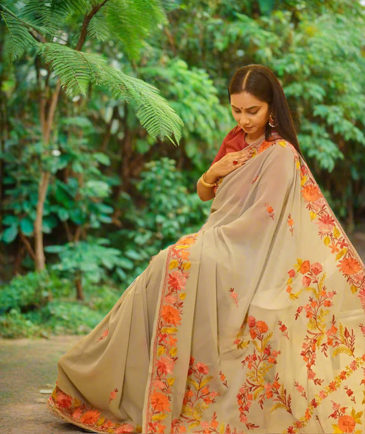 Flower Embroidered Saree | Georgette | Dove Grey Colored