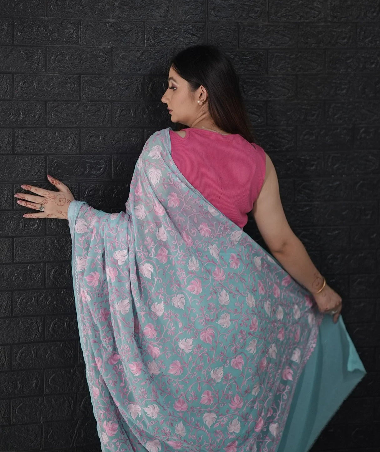 Aari Embroidered | Light Baby Blue | Georgette Saree