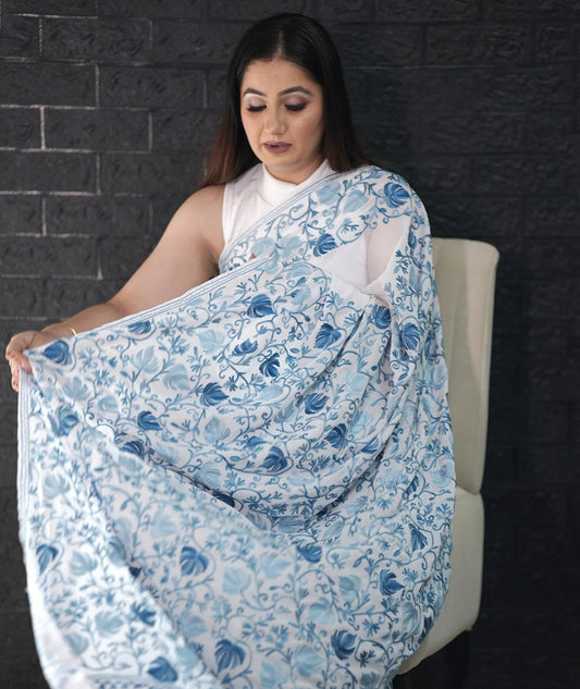 Aari Embroidered | Baby Blue | Georgette Saree