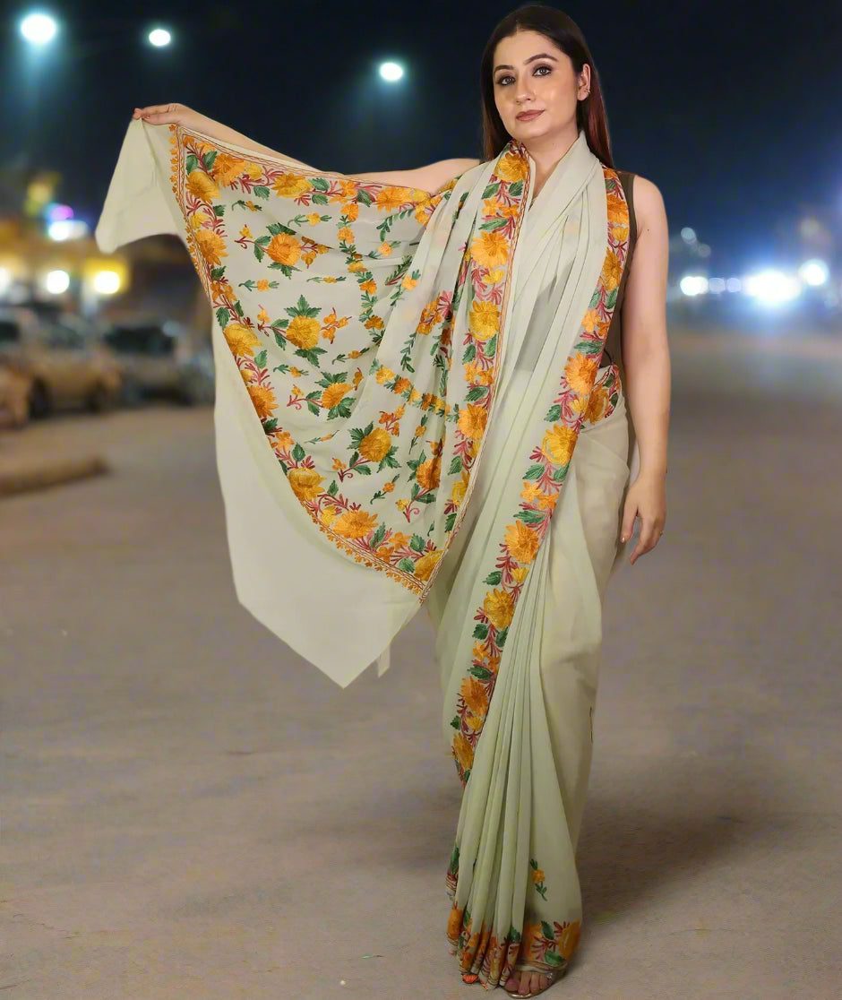 Light Olive Green | Aari Embroidered | Georgette Saree