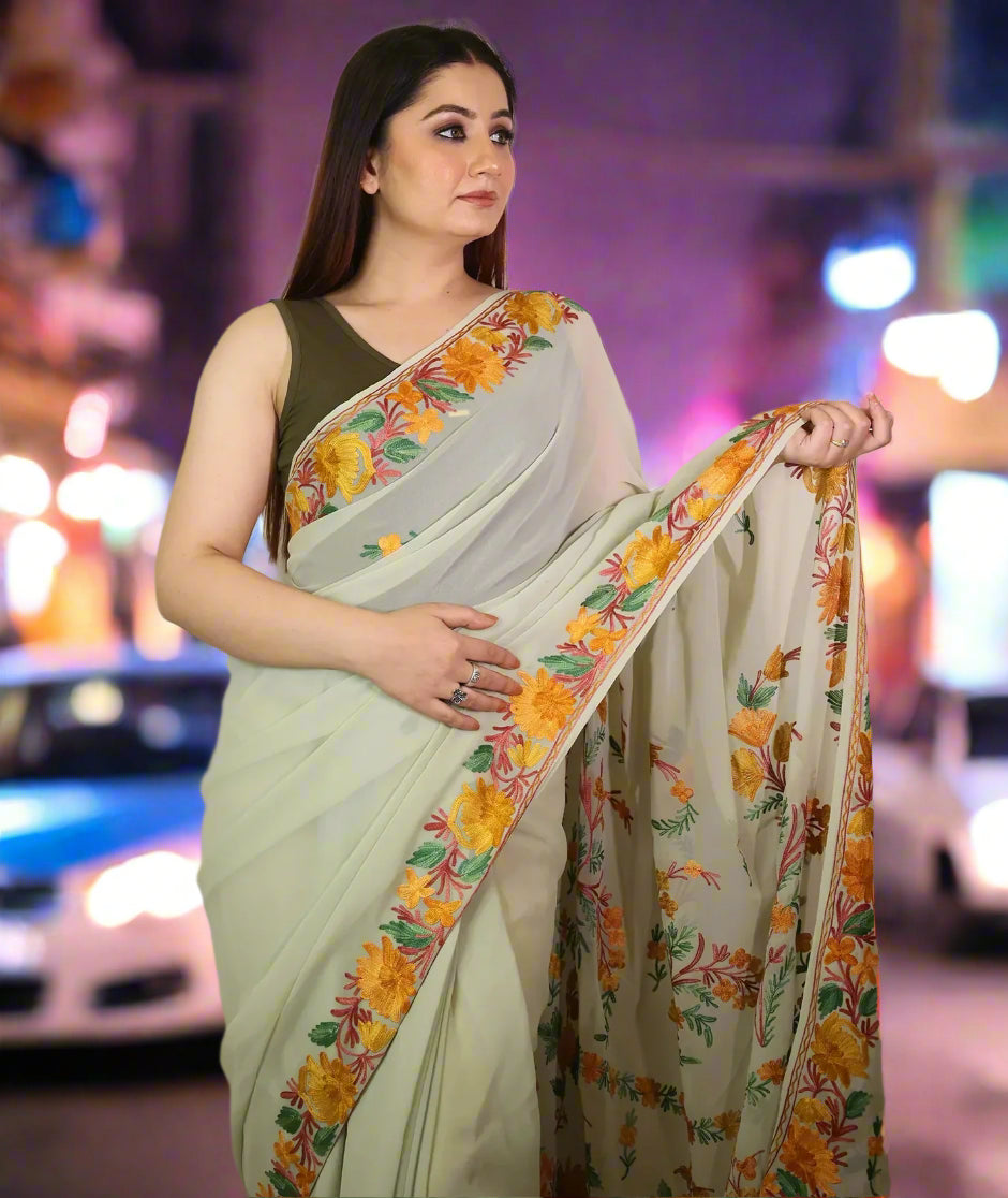 Light Olive Green | Aari Embroidered | Georgette Saree