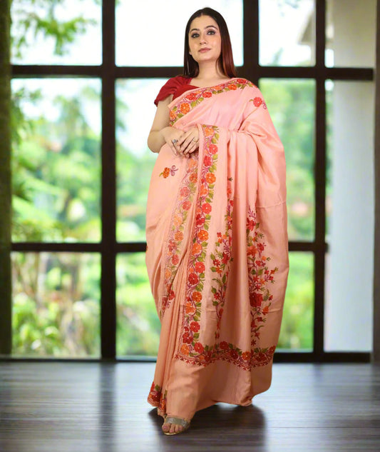 Peach Colored | Aari Embroidered | Crape Saree