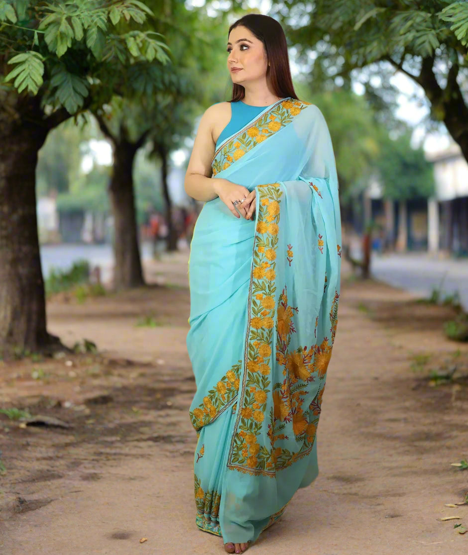 Embroidered Saree For Ladies | Turquoise | Georgette