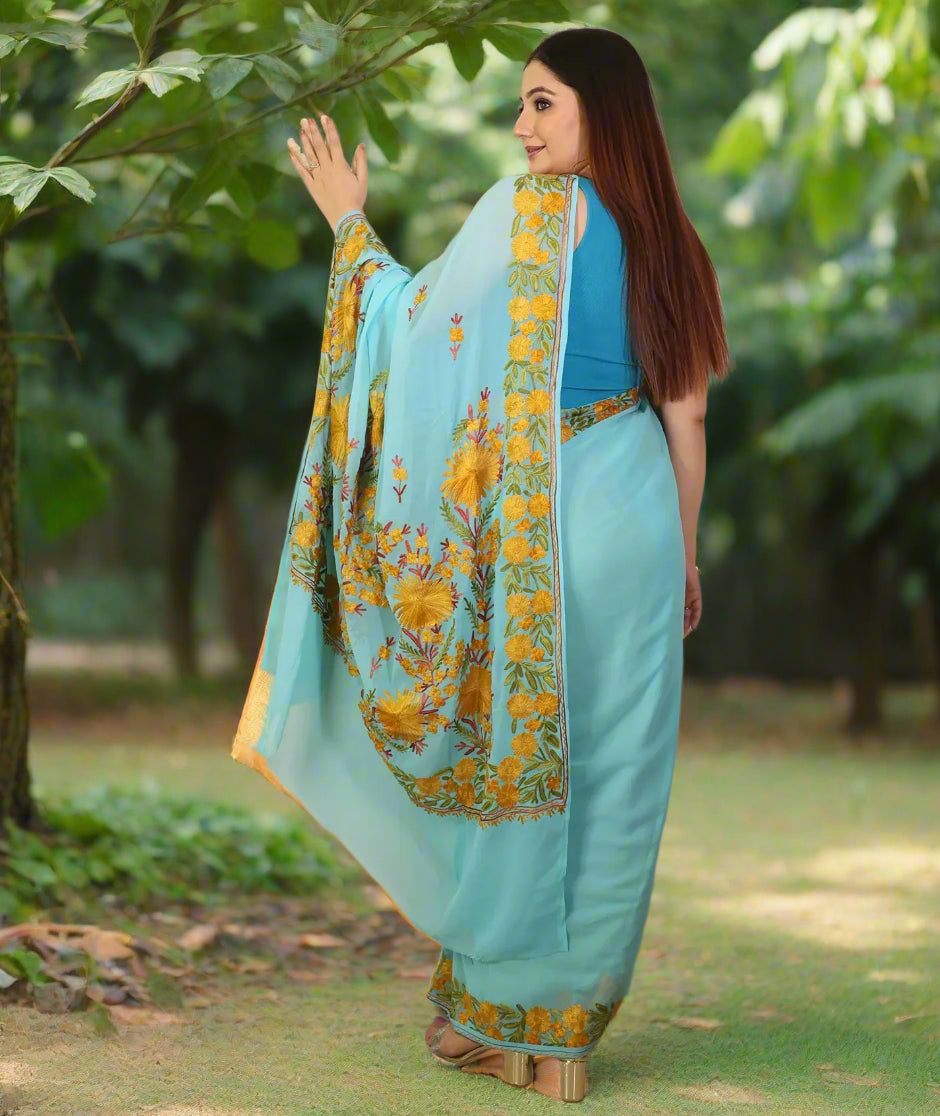 Embroidered Saree For Ladies | Turquoise | Georgette