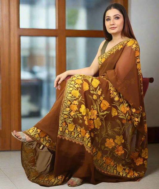 Ladies Saree | Embroidered | Brown Colored