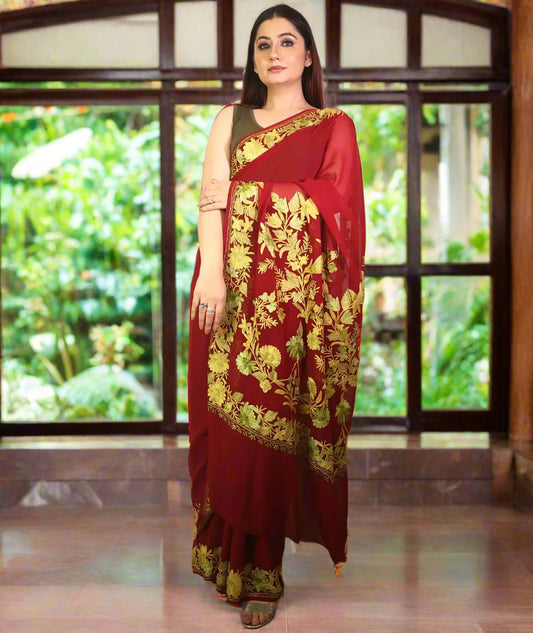 Georgette Saree | Embroidered | Maroon Colored