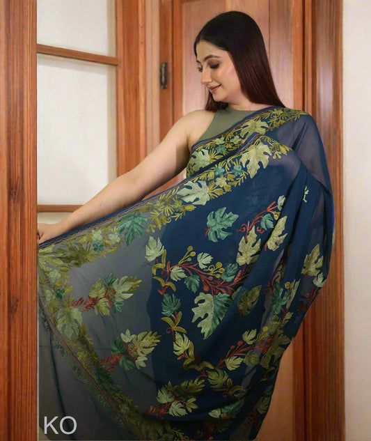 Chinar Aari Embroidered | Georgette Saree | Black Forest Green