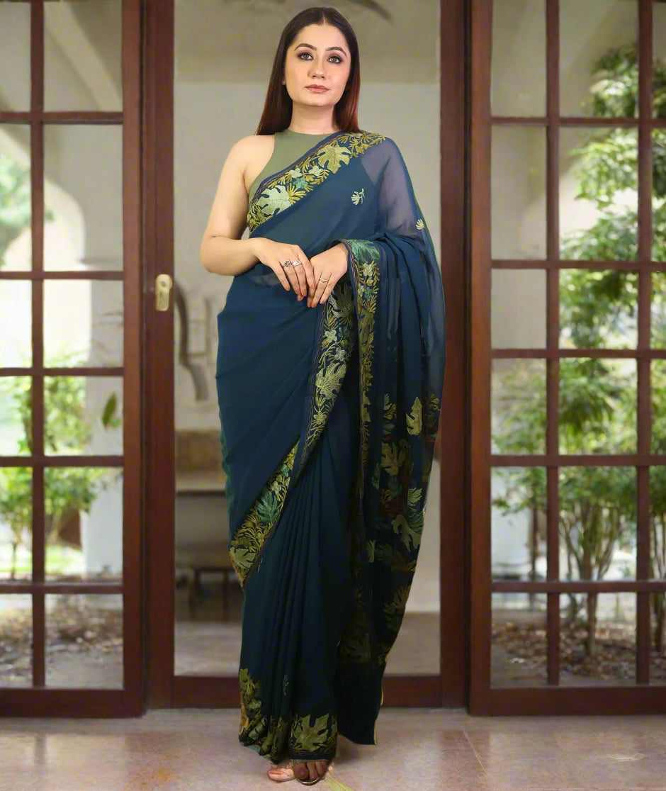 Chinar Aari Embroidered | Georgette Saree | Black Forest Green